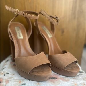 Size 7.5 Steve Madden ultra high heel nude suede pumps. Ankle strap. Worn once